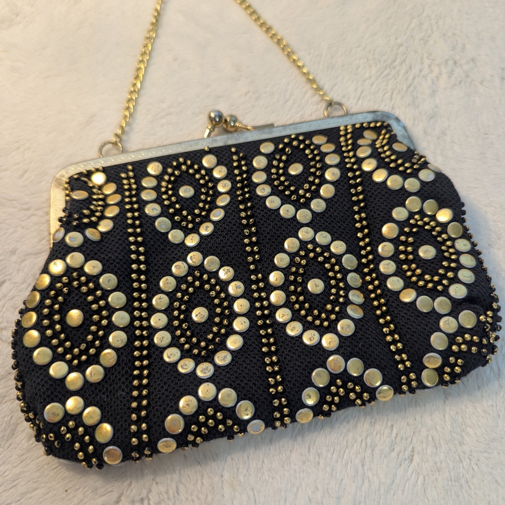 1950s Gold And Black Studded Evening Party- Clasp Purse/Vintage - Picture 3 of 12